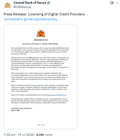 Statement on licensing additional Digital Credit Providers. PHOTO/Screengrab by PD Digital/@CBKKenya/X