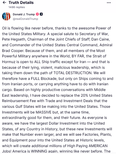 Statement on the Strait of Hormuz. PHOTO/Screengrab by PD Digital/@realDonaldTrump/Truth Social