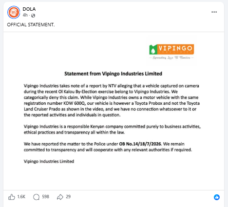 Statement by Vipingo Industries Limited denying claims that it owns the Toyota Land Cruiser Prado linked to the Ol Kalou by-election violence. PHOTO/Screengrab by PD Digital/DOLA/Facebook