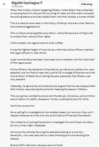 Statement on the Ol Kalou by-election violence claims. PHOTO/Screengrab by PD Digital/@rigathi/X
