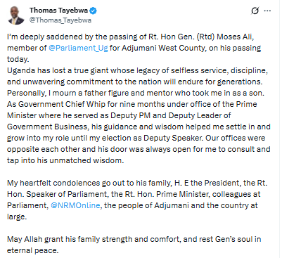Statement on the death of Gen. Moses Ali. PHOTO/Screengrab by PD Digital/@Thomas_Tayebwa/X