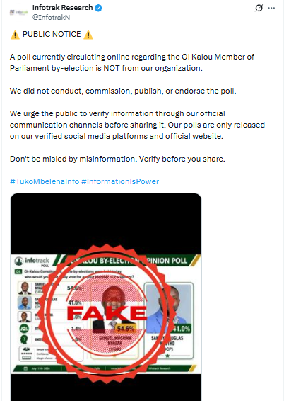 Statement on fake Ol Kalou poll. PHOTO/Screengrab by PD Digital/@InfotrakN/X