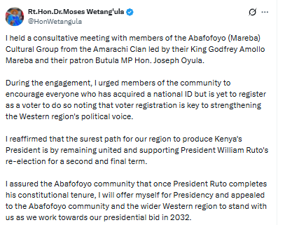 Statement on the push for voter registration in Western Kenya. PHOTO/Screengrab by PD Digital/X