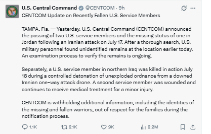 Statement by US Central Command (CENTCOM) on the attack. PHOTO/Screengrab by PD Digital/@CENTCOM/X