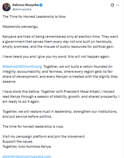 statement on honest leadership. PHOTO/Screengrab by PD Digital/@skmusyoka/X