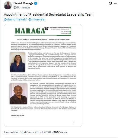 Statement on appointment of presidential campaign secretariat leaders. PHOTO/Screengrab by PD Digital/@dkmaraga/X