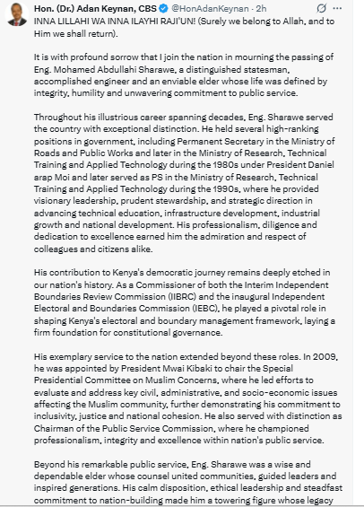 Statement on the death of former IEBC commissioner Eng. Mohamed Abdullahi Sharawe. PHOTO/Screengrab by PD Digital/@HonAdanKeynan/X