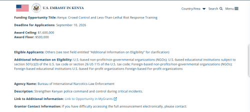 Statement on the U.S. funding opportunity for crowd control and less-than-lethal riot response training for Kenyan police. PHOTO/Screengrab by PD Digital