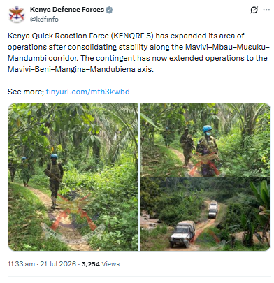 Statement on the deployment of KDF peacekeepers under the UN mission MONUSCO in eastern Democratic Republic of the Congo. PHOTO/Screengrab by PD Digital/@kdfinfo/X