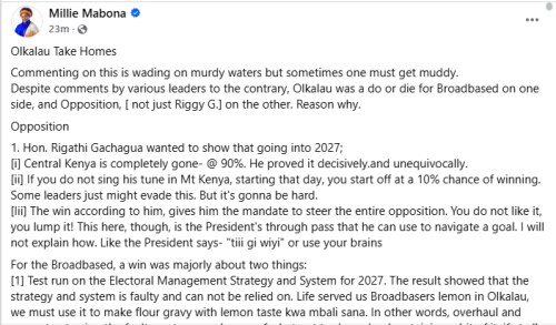 A statement by Suba south mP Millie Odhiambo on Ol Kalou byelection lessons. PHOTO//Screengrab by People Daily digital/https://www.facebook.com/millie.mabona