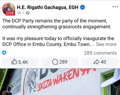DCP party leader Rigathi Gachagua post after opening new office in Embu on Saturday, July 25, 2026. PHOTO/@rigathi/X