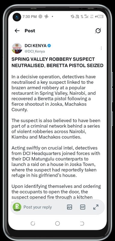 DCI statement after Spring Valley robbery incident person of interest shot dead. PHOTO/ Screengrab by People Daily Digital from X by @DCI_Kenya