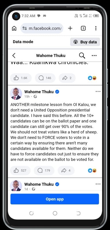 A Facebook post by Wahome Thuku on why the United Opposition doesn't need one single candidate. PHOTO/Screengrab by People Daily Digital from Facebook by @wahome.thuku