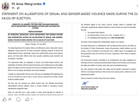 Statement on claimed GBV incidents during the Ol Kalou by-election. PHOTO/Screengrab by PD Digital