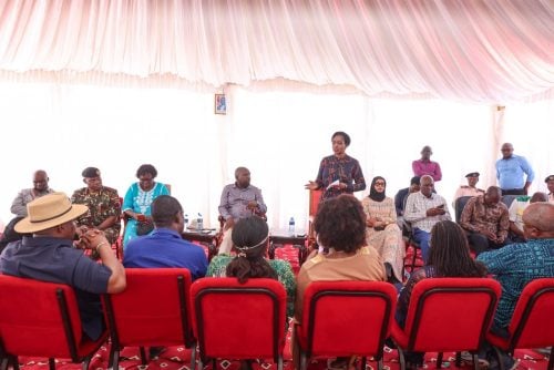 CS Soipan Tuya speaks during the Kerio Belt Security Assessment Mission and the launch of Kolowa Sub-County at Kolowa Primary School in Tiaty Constituency, Baringo County. PHOTO/@SoipanTuya/X