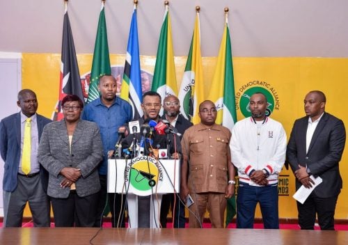 United Democratic Alliance (UDA) Secretary General Hassan Omar and other officials during a press briefing on Friday, July 17, 2026.PHOTO/https://www.facebook.com/TheUDAKenya