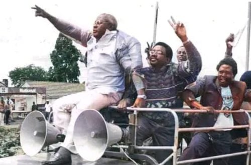 Siaya Governor James Orengo, late Martin Shikuku, and Masinde Muliro during the 1990 agitation for multi-party democracy during Saba Saba Protests. PHOTO//Screengrab by People Daily Digital from Citizen TV