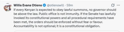 A post on X by Lawyer Willis Otieno on tedencies by Governors to skip Senate summons. PHOTO/Screengrab by People Daily Digital from X by @otienowill