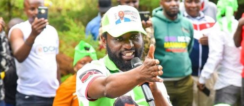 DCP candidate gestures as he delivers a keynote speech during a campaign rally in Ol Kalou ahead of the Thursday, July 16, 2026, vote. PHOTO/https://web.facebook.com/kamausammyngotho