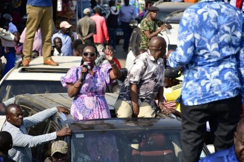 Martha Karua addresses residents during a meeting in Ahero. PHOTO/Viola Kosome