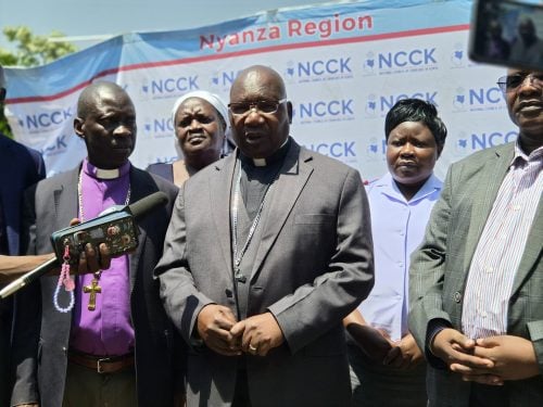 NCCK National Chairman Rev. Dr. Elias Agola addresses journalists during a media briefing in Kisumu. PHOTO/Viola Kosome
