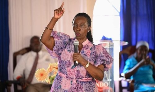 Martha Karua addresses congregants during a church service in Ahero. PHOTO/Viola Kosome