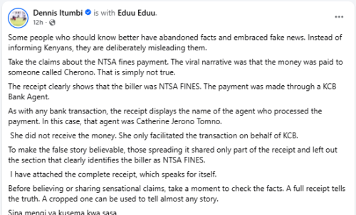 Dennis Itumbi clarifies about NTSA payment of traffic fines. PHOTO/Screengrab by People Daily Digital from Facebook by @dennisitumbi