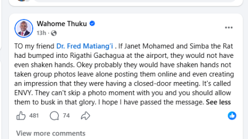 Wahome Thuku speaks about Matiang'i's meeting with Junet. PHOTO/Screengrab by People Daily Digital fom Facebook by @wahome.thuku