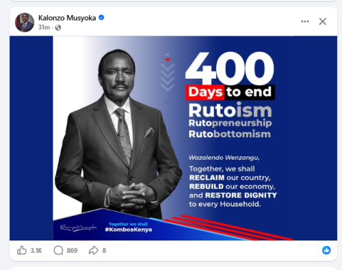 Kalonzo Musyoka unveils 400-day countdown. PHOTO/Screengrab by People Daily Digital from Facebook by @kalonzomusyoka