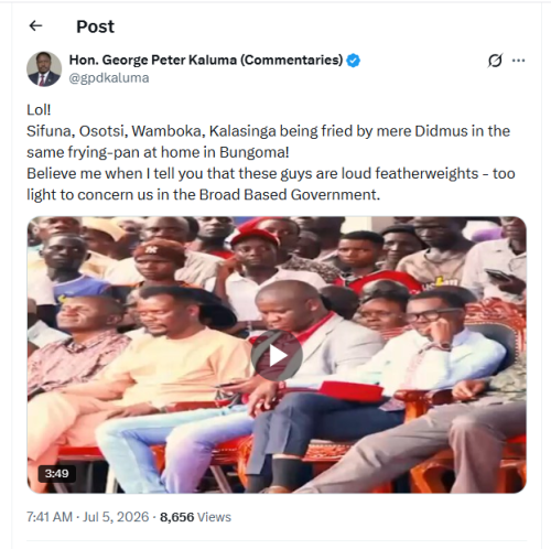 Homa Bay Town MP Peter Kaluma lauds Didmus Barasa. PHOTO/Screengrab by People Daily Digital from X by @gpdkaluma