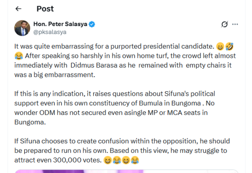 Peter Salasya mocks Edwin Sifuna. PHOTO/Screengrab  by People Daily Digital from X by @pksalasya