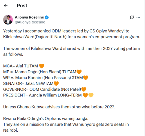 Roseline Alionya champions for Nairobi to be ODM zone. PHOTO/Screengrab by People Daily Digital from X by @AlionyaRoseline