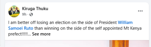 Chinga Ward MCA Kiruga Thuku affirms support for Ruto. PHOTO/Screengrab by People Daily Digital from Facebook by @kiruga.thuku