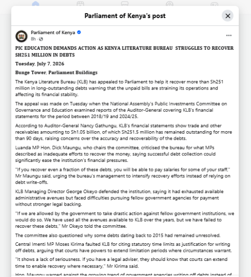 A statement about KLB and unpaid money. PHOTO/Screengrab by People Daily Digital from Facebook by @ParliamentKE