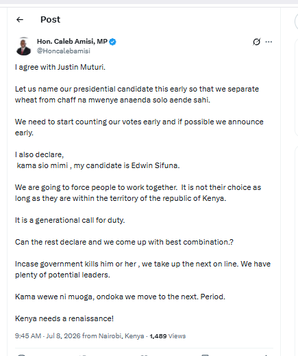 Caleb Amisi pushes for the opposition to name its candidate early. PHOTO/Screengrab by People Daily Digital from X by @Honcalebamisi