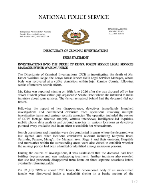 Page 1 of the DCI statement on Keige's death. PHOTO/@DCI_Kenya/X