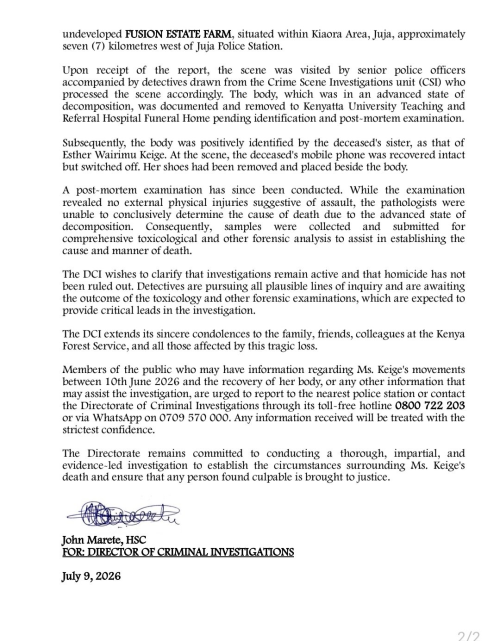 Page 2 of the DCI statement on Keige's death. PHOTO/@DCI_Kenya/X