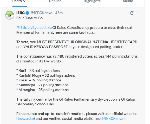IEBC sends an advisory to the Ol Kalou by-election. PHOTO/Screengrab by People Daily Digital from X by @IEBCKenya
