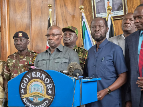 Kisumu County Commissioner Mohammed Mwabunzo addresses media on July 1,2026 The committee announced a six-point security strategy that includes the deployment of CCTV cameras, establishment of village security committees and a crackdown on criminal gangs. PHOTO/Viola Kosome.