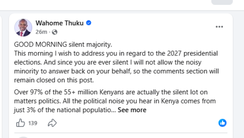 Lawyer Wahome Thuku Facebook post on Matiang'i. PHOTO/Screengrab by People Daily Digital from Facebook by @wahome.thuku