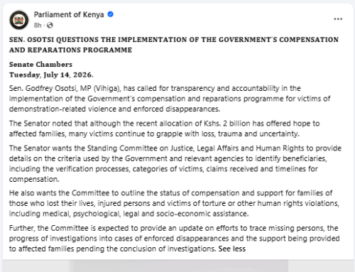A statement by the Parliament of Kenya in response to a demand by Godfrey Osotsi. PHOTO/Screengrab by People Daily Digital from Facebook by @ParliamentKE