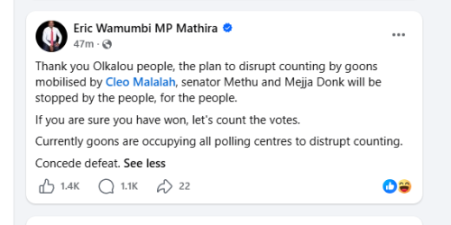 Mathira MP Eric Wamumbi wants DCP to concede defeat. PHOTO/Screengrab by People Daily Digital from Facebook by @ric.mwangi.31508