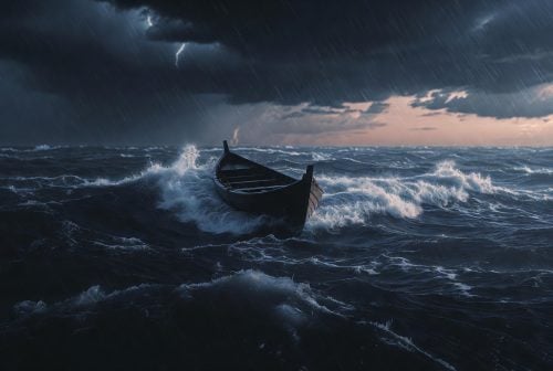 A boat is engulfed by turbulent seas and heavy rain at dusk