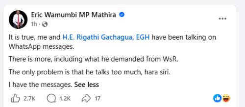 Eric Wamumbi Facebook post admitting chatting with Gachagua. PHOTO/Screengrab by People Daily Digital from Facebook on @eric.mwangi.31508