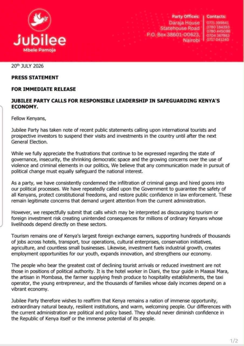 Page 1 of Jubilee Party SG condemning tourism boycott remarks by Gachagua. PHOTO/@RealMatiangi/X