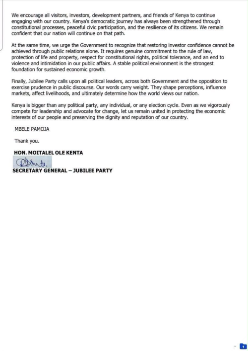 Page 1 of Jubilee Party SG condemning tourism boycott remarks by Gachagua. PHOTO/@RealMatiangi/X