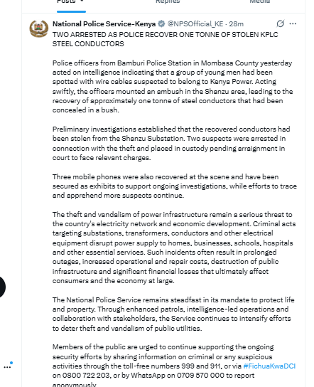 NPS confirms catching 2 with stolen KPLC steel conductors. PHOTO/Screengrab by People Daily Digital from X by @NPSOfficial_KE
