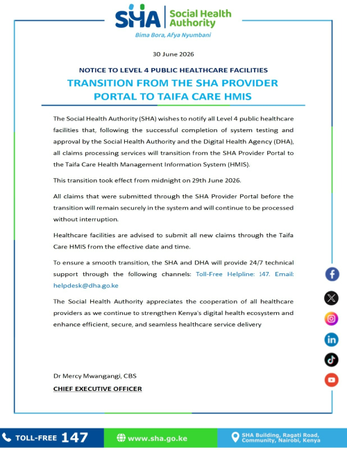 SHA press statement confirms claims' processing portal migration. PHOTO/@_shakenya/X