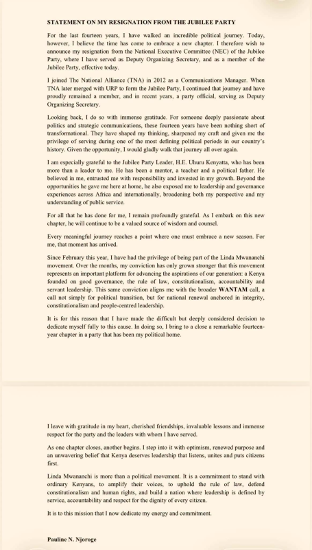 Pauline Njoroge's statement confirming her resignation from Jubilee Party. PHOTO/https://www.facebook.com/paulinenjoroge