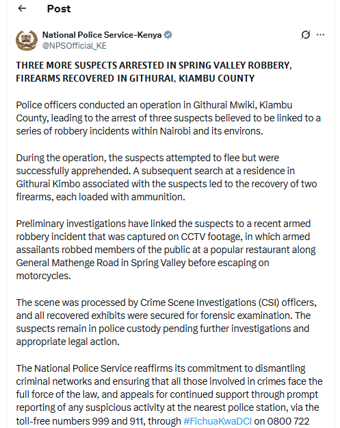 NPS statement after recovering 2 weapons and 3 more people apprehended. PHOTO/Screengrab by People Daily Digital from X from @NPSOfficial_KE